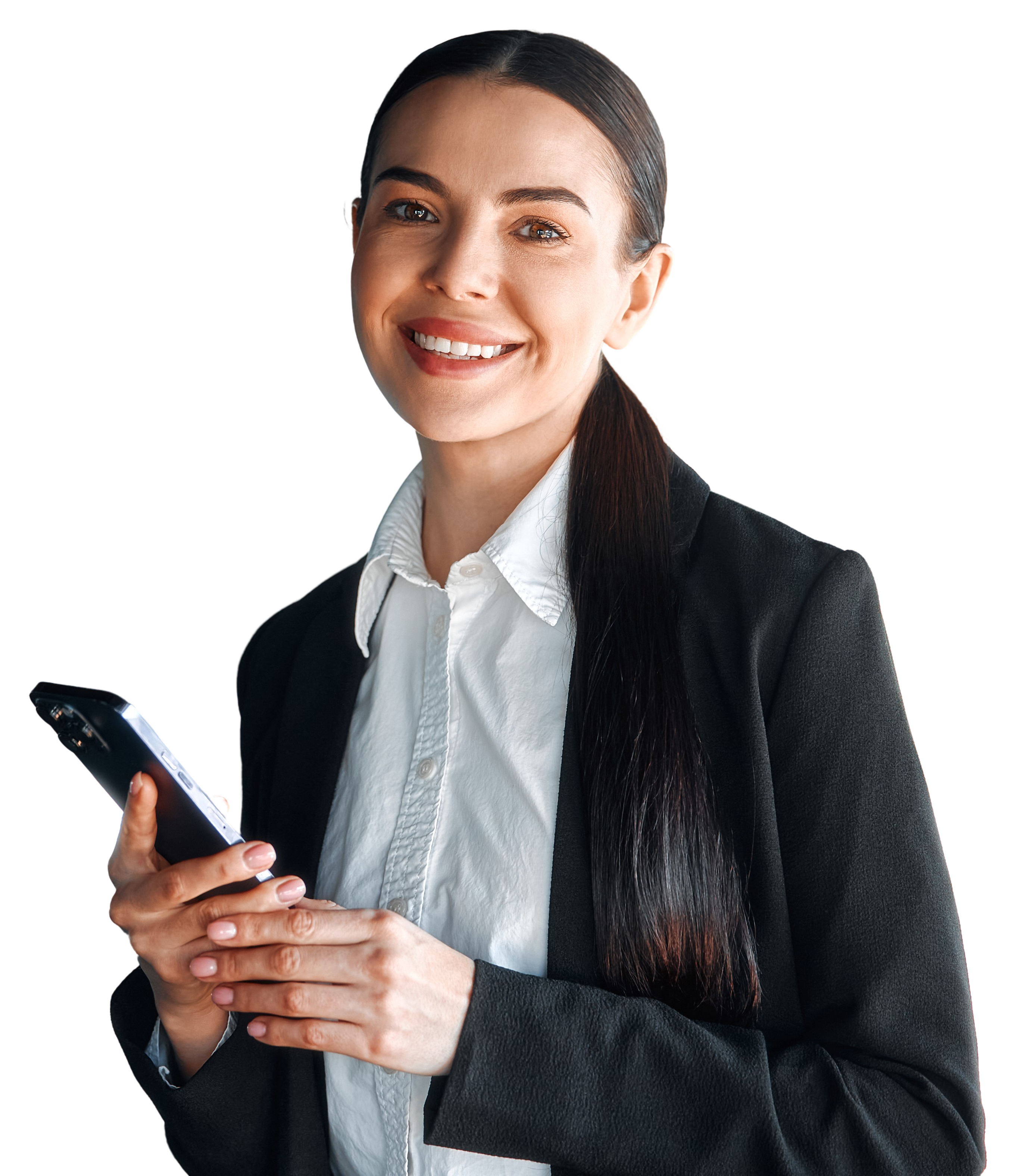 Junge Fraue im Anzug mit Handy in der Hand